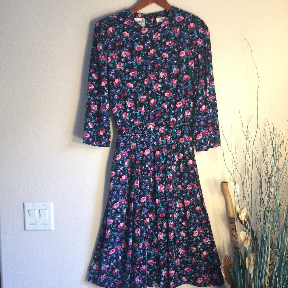 Karin Stevens Dark Floral Pleated Midi Dress Cottagecore Vintage Size 6